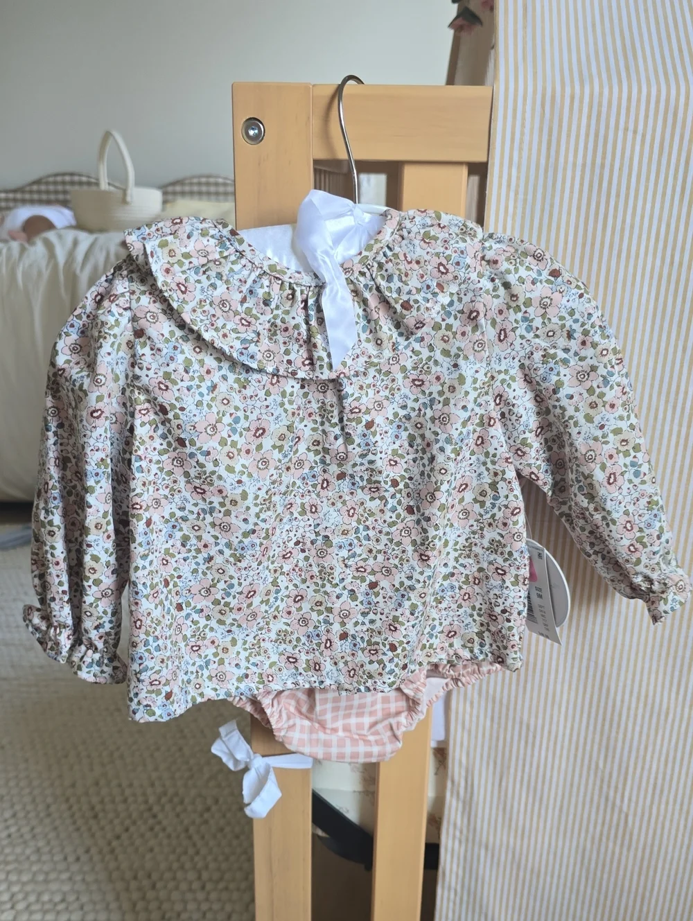Cream Floral Baby Blouse with Pink & Olive Blossoms